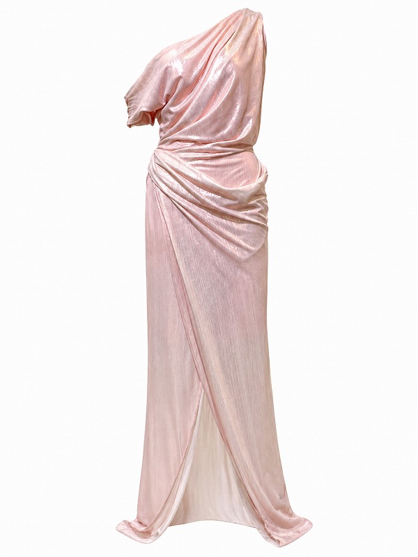 【新品DRESS 1928】メタリックドレープワンショルタイトロングドレス ピンク【asos】